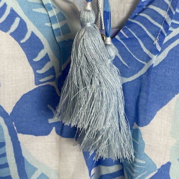 NWT STS Sail to Sable Palm Print Blue White Long Sleeve Top Sz S Tassel Neck Tie - Picture 5 of 9